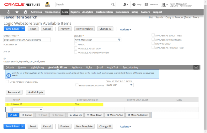 Saved Search Available Filters Tab