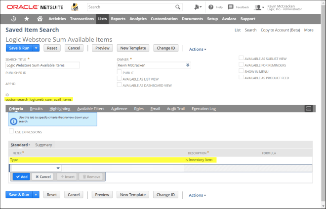 Saved Search Criteria Tab