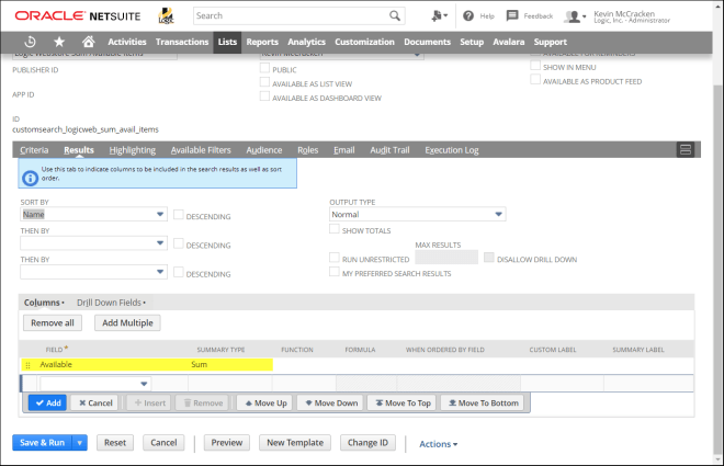 Saved Search Results Tab